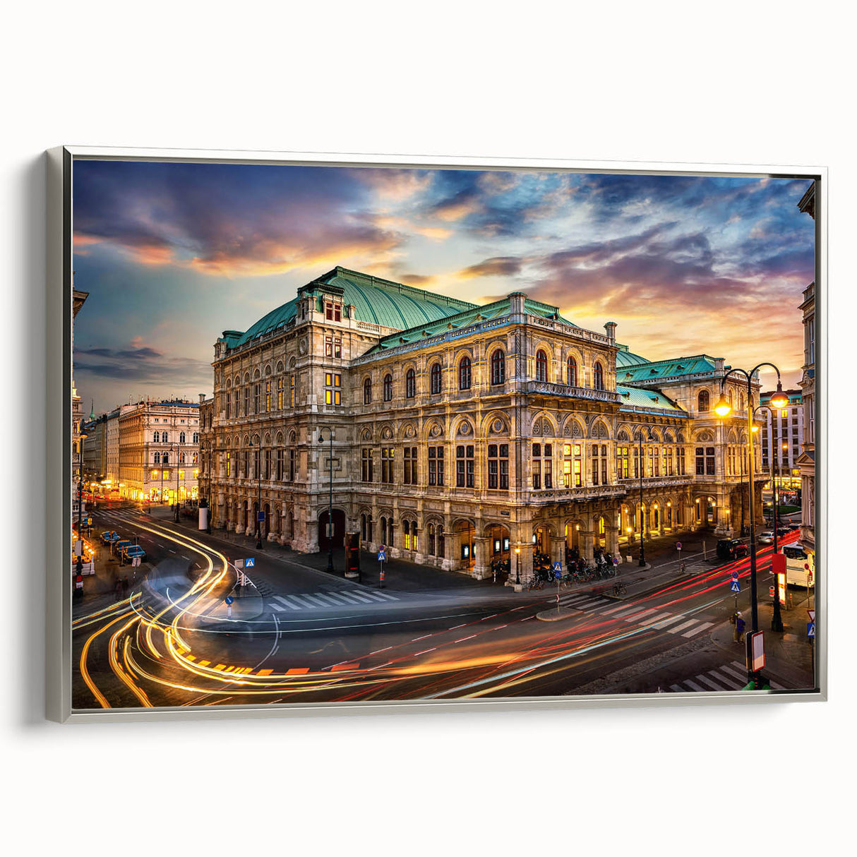 Framed canvas wall art showcasing a modern landscape design with vibrant colors and intricate details, featuring a sleek silver frame for a contemporary look.
