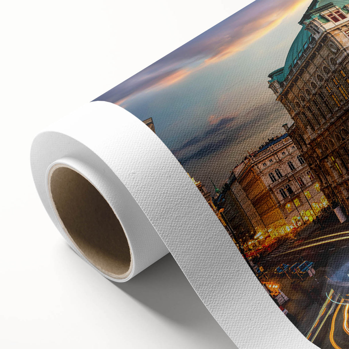 Rolled canvas artwork showcasing a vibrant city landscape design, featuring dynamic colors and intricate details, perfect for modern home decor.