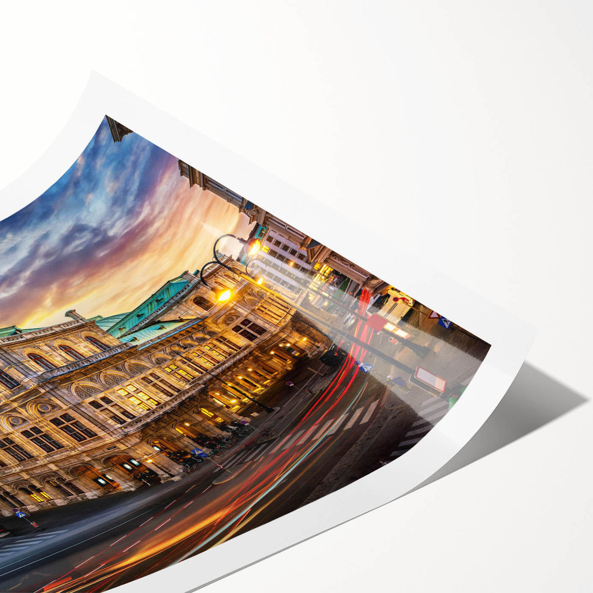Rolled print showcasing a vibrant landscape street design, featuring bold colors and intricate details, perfect for modern home decor and interior design enhancement.