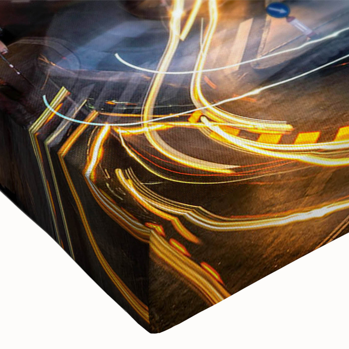 Close-up of a stretched canvas featuring a vibrant street landscape design, showcasing intricate details and rich colors, perfect for modern home decor.