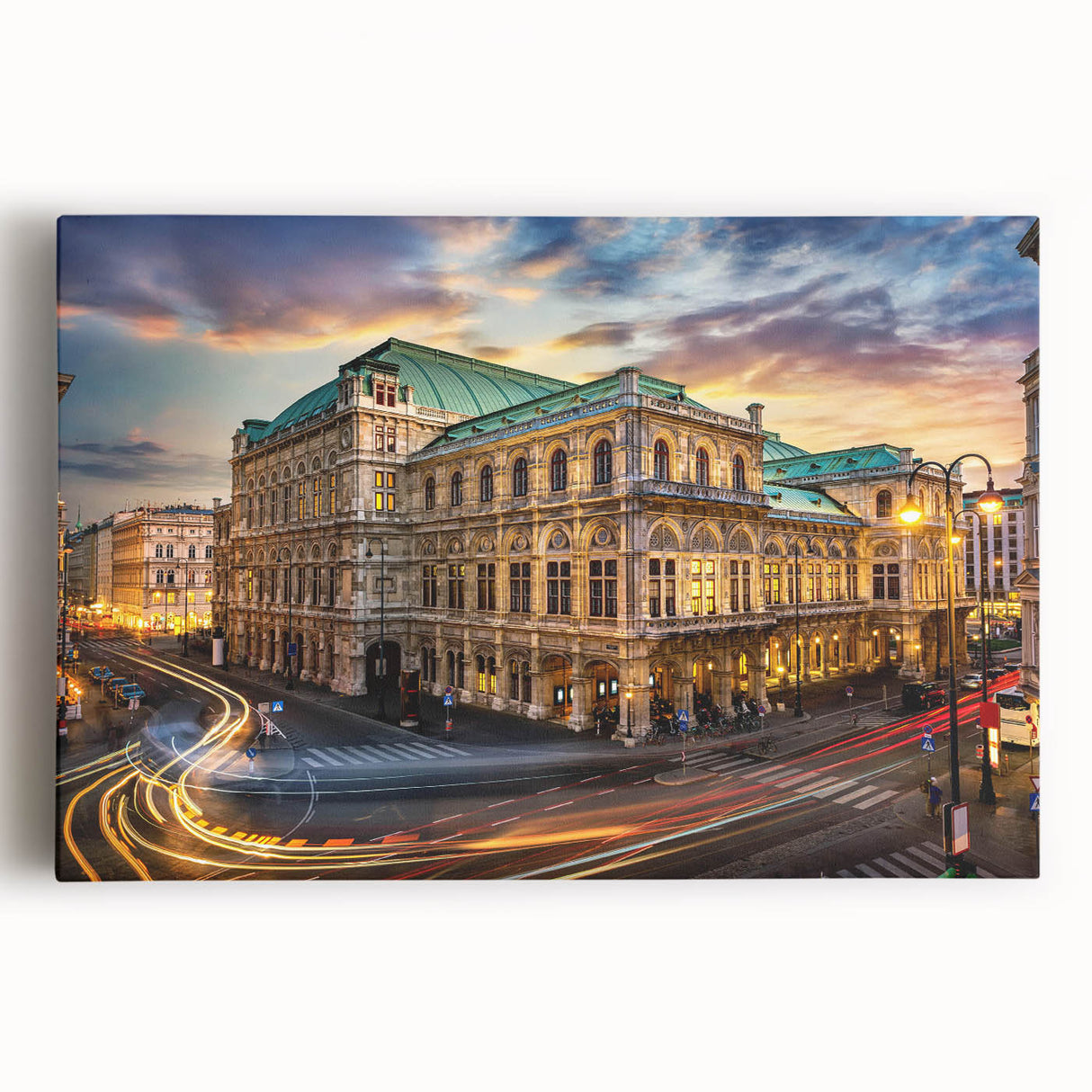 Stretched canvas wall art showcasing a vibrant city street landscape design, featuring colorful buildings and lively atmosphere, perfect for modern home decor.