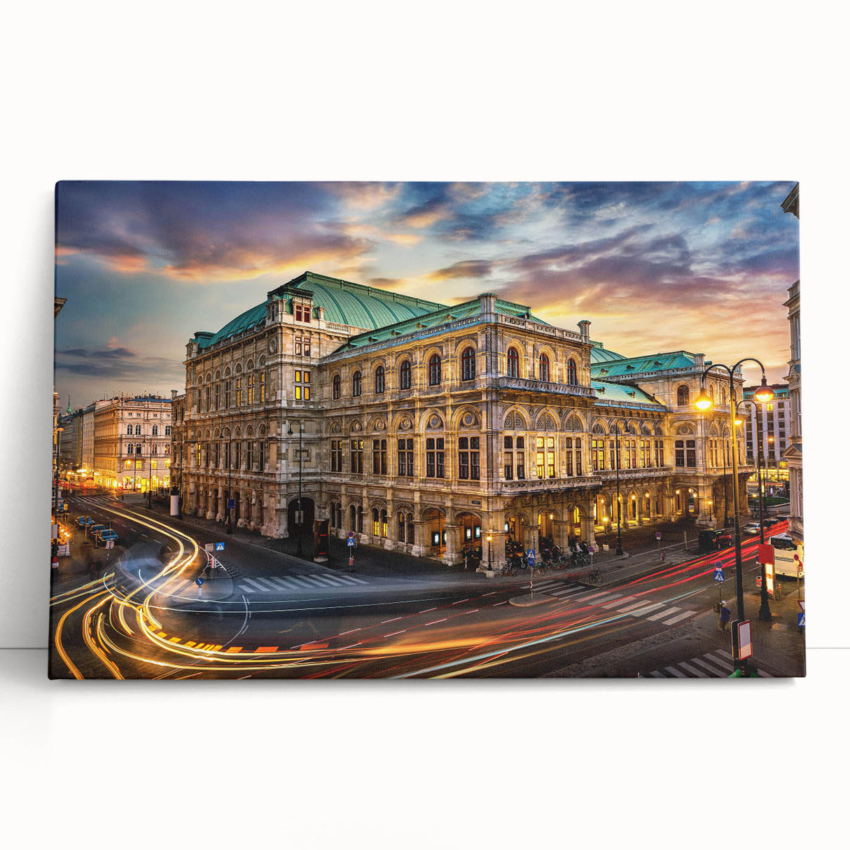 Stretched canvas art depicting a vibrant city street scene with colorful buildings and lively pedestrians, perfect for modern home decor and wall art collections.
