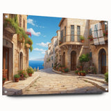 Acrylic glass wall art collection showcasing a vibrant landscape and street design, displayed in a side view with decorative pins for modern home decor.