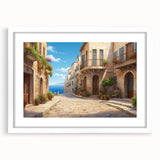 Framed wall art featuring a vibrant landscape design, showcasing a serene street scene with lush greenery and blue skies, set in a sleek white frame with a mat.