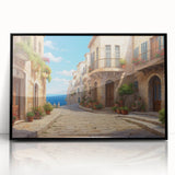 Framed wall art featuring a vibrant landscape design with abstract street elements, showcased in a sleek black frame, perfect for modern home decor.