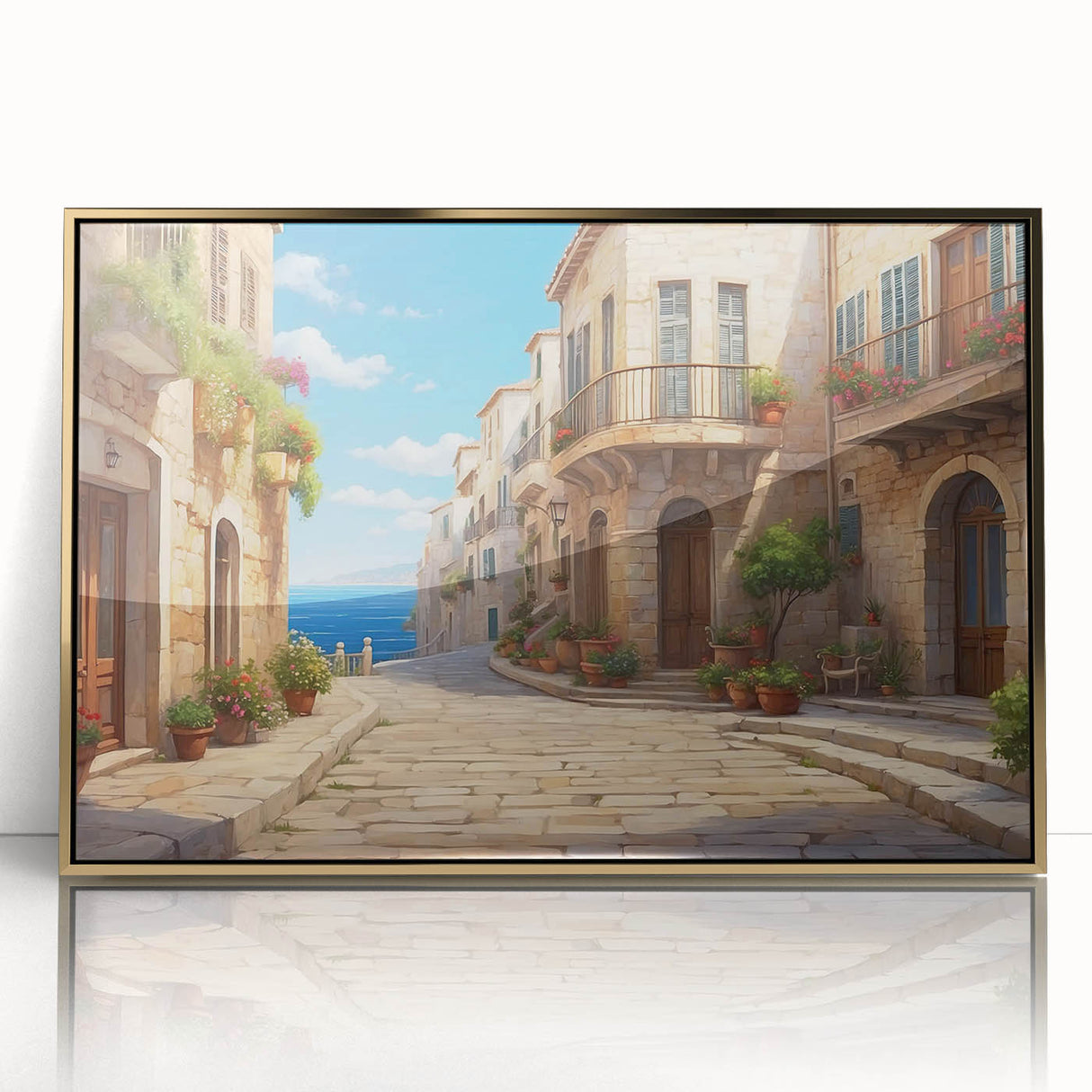 Framed acrylic wall art showcasing a stunning golden landscape design, emphasizing intricate details and vibrant colors, perfect for modern home decor.