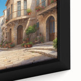 Framed canvas artwork showcasing a vibrant street landscape design, featuring a mix of colors and textures, perfect for home or office decor.