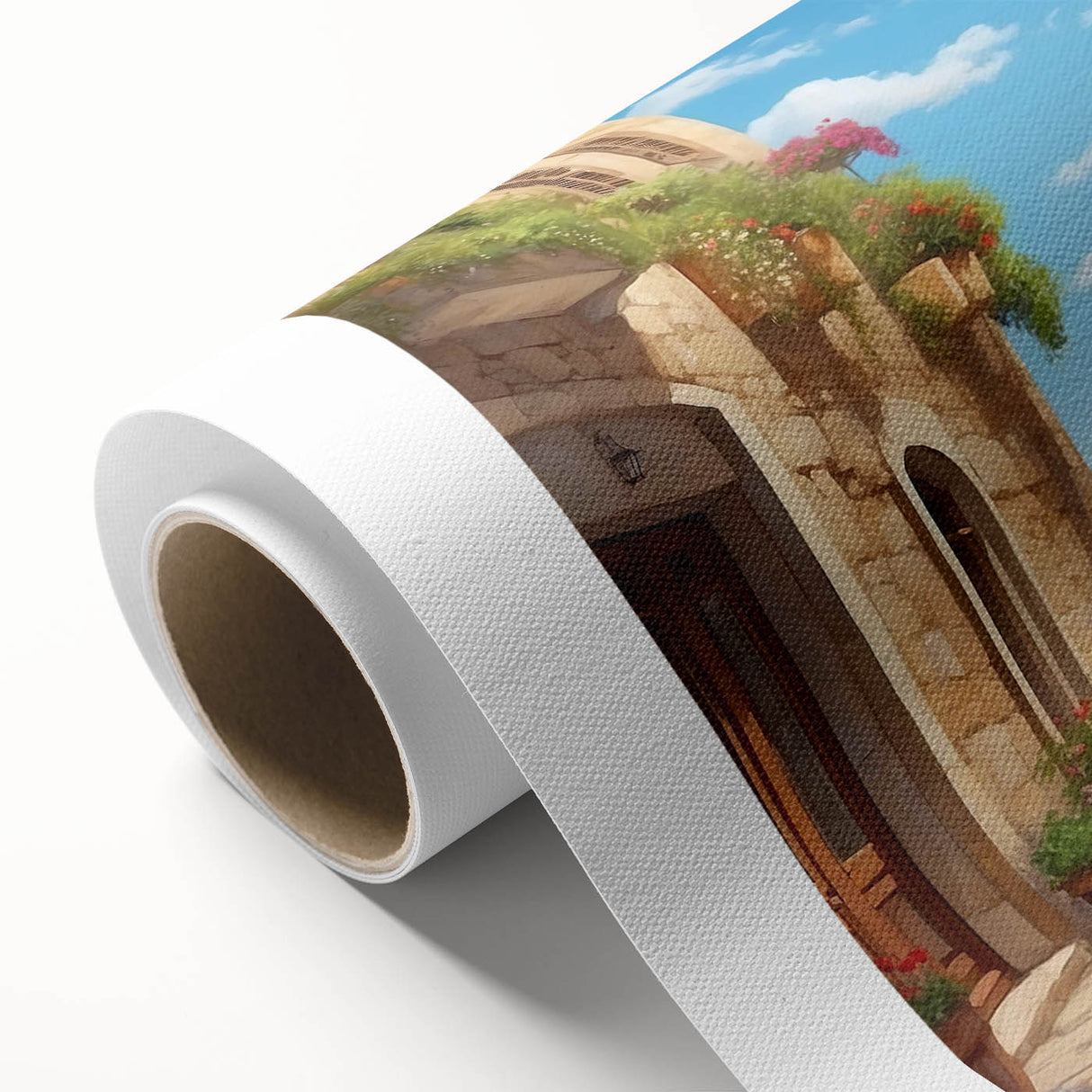 Rolled canvas showcasing a vibrant abstract cityscape design with bold colors, perfect for modern home decor, carefully rolled and packaged for delivery.