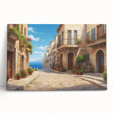 Stretched canvas artwork showcasing a vibrant urban landscape design, featuring colorful buildings and trees, perfect for modern home decor. Ideal for enhancing living spaces with artistic flair.