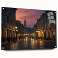 Acrylic glass wall art featuring a vibrant landscape design with colorful street scenes, elegantly displayed from a side view, showcasing its unique pin mountings and modern aesthetic. Perfect for enhancing contemporary home decor.