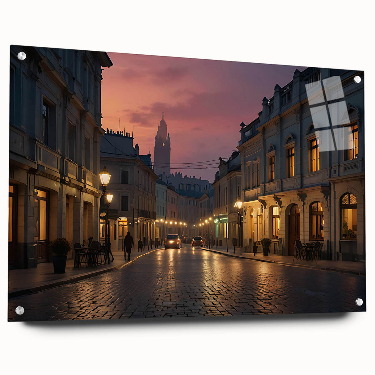 Acrylic glass wall art featuring a vibrant landscape design with colorful street scenes, elegantly displayed from a side view, showcasing its unique pin mountings and modern aesthetic. Perfect for enhancing contemporary home decor.