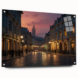 Acrylic glass wall art featuring a vibrant landscape design with colorful street scenes, elegantly displayed from a side view, showcasing its unique pin mountings and modern aesthetic. Perfect for enhancing contemporary home decor.