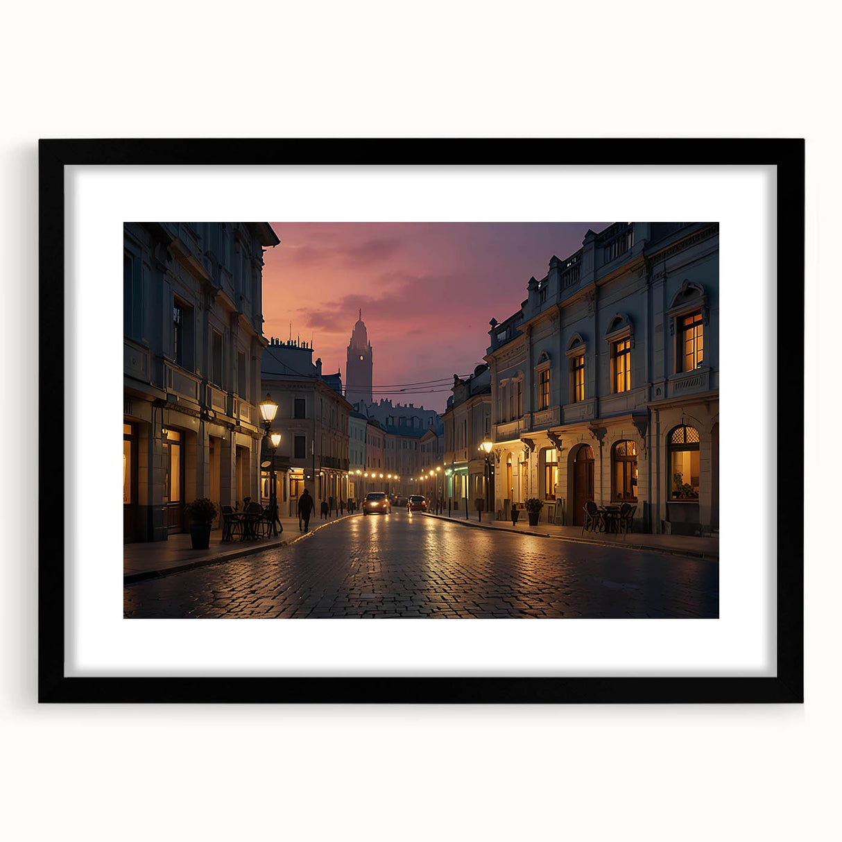 Framed black wall art featuring a vibrant landscape street design, showcasing intricate details and bold colors, ideal for modern home decor.