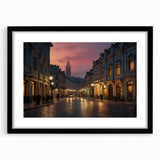 Framed black wall art featuring a vibrant landscape street design, showcasing intricate details and bold colors, ideal for modern home decor.