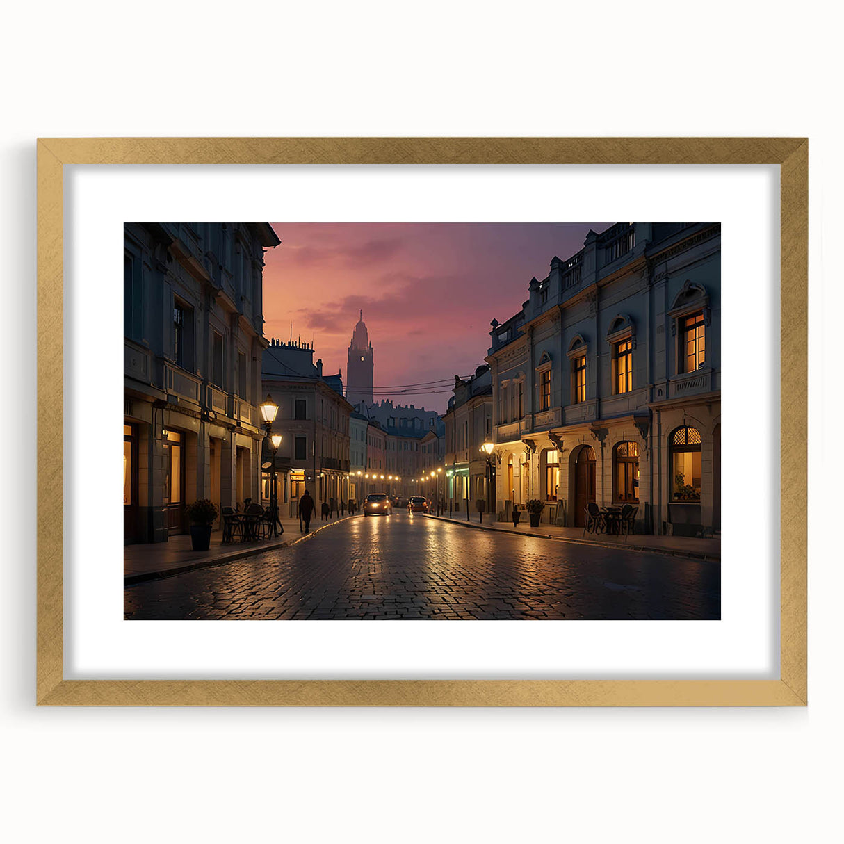 Framed wall art featuring a stunning street landscape design with a gold matte finish, showcasing vibrant colors and intricate details, perfect for home decor.