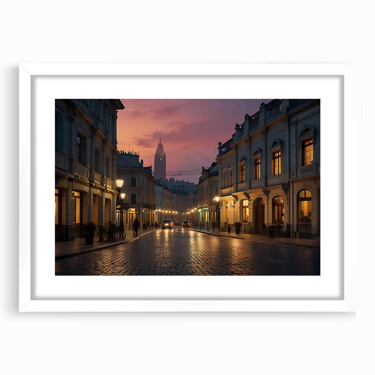 Framed landscape wall art featuring a serene street scene, presented in a white mat, perfect for home decor or office aesthetics. Ideal for art enthusiasts.
