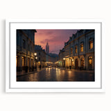 Framed landscape wall art featuring a serene street scene, presented in a white mat, perfect for home decor or office aesthetics. Ideal for art enthusiasts.