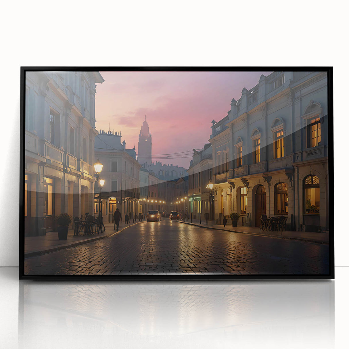 Framed wall art featuring a modern landscape design with vibrant colors and abstract patterns, displayed with a sleek black frame, perfect for contemporary decor.