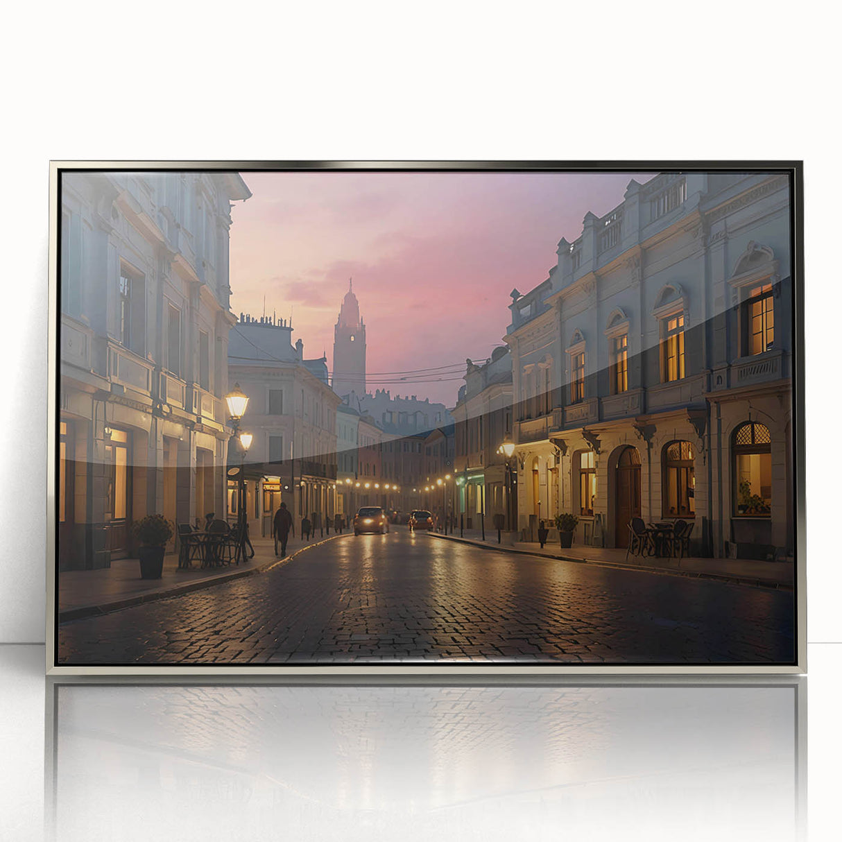 Framed acrylic wall art collection showcasing a captivating street landscape design, featuring vibrant colors and intricate details, ideal for modern home decor.
