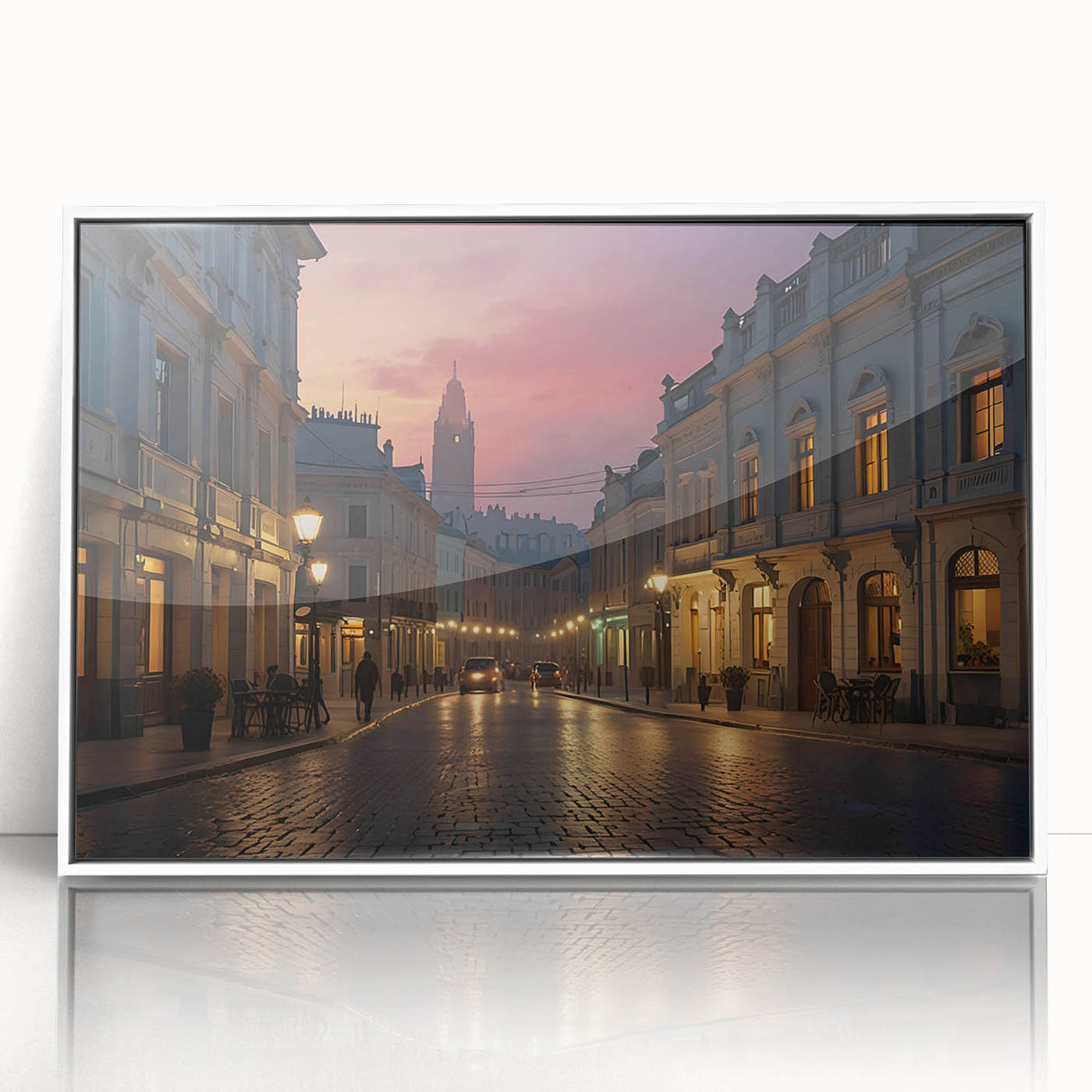 Framed acrylic wall art featuring a vibrant cityscape design with colorful buildings and dynamic street scenes, showcased in a sleek white frame, perfect for modern home decor.