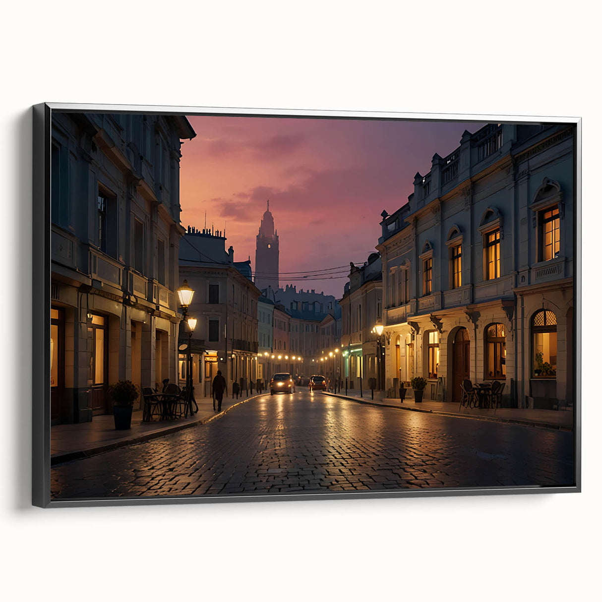 Framed canvas wall art showcasing a modern landscape design with vibrant colors and intricate details, featuring a sleek black frame, perfect for home decor.