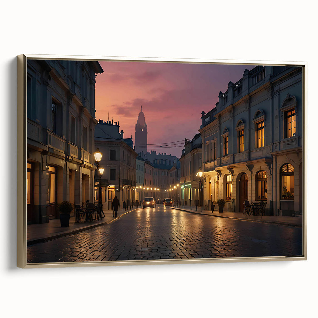 Framed canvas wall art featuring an elegant street landscape design, showcasing vibrant colors and intricate details, complemented by a stylish gold frame. Perfect for modern home decor enthusiasts seeking artistic inspiration.