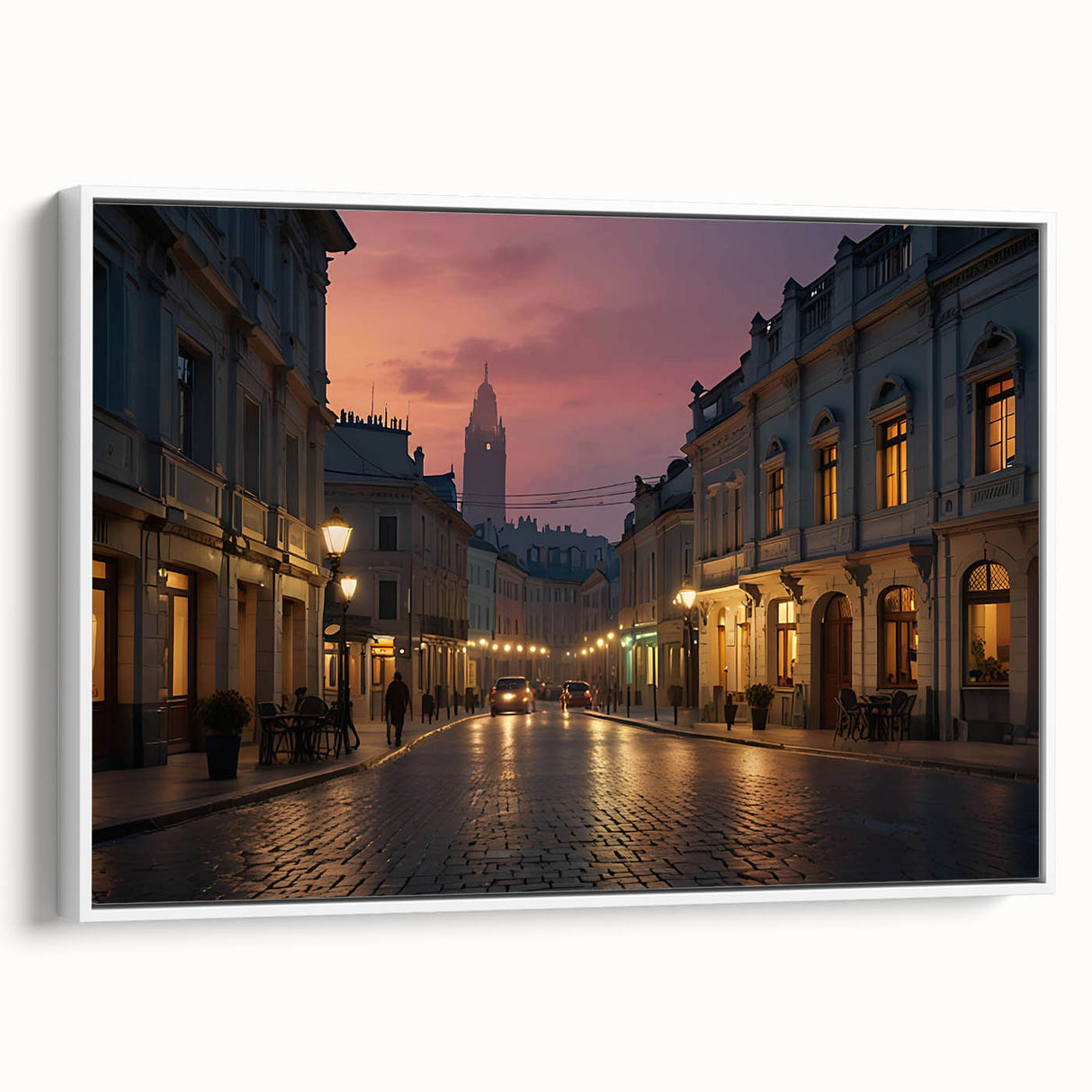 Framed canvas wall art depicting a vibrant cityscape with colorful buildings and streets, showcasing modern urban design in a chic white frame, ideal for home decor.