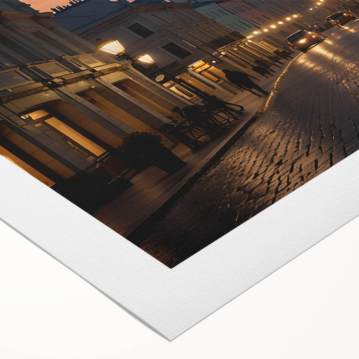 Rolled canvas showcasing a vibrant landscape street design, featuring bright colors and intricate details, ideal for modern home décor, securely packaged in a protective tube.
