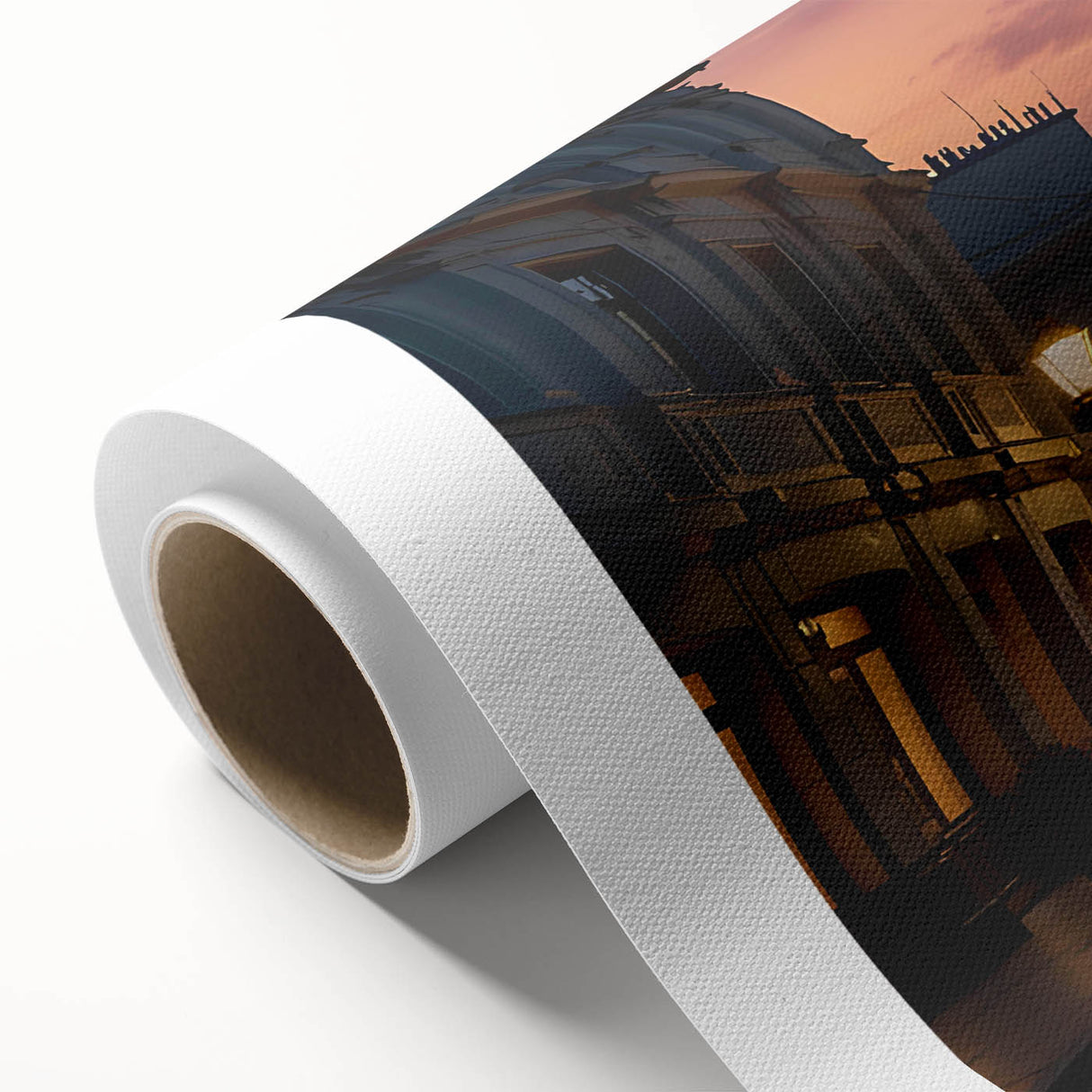 Rolled canvas showcasing a vibrant cityscape design with vivid colors, ideal for home decor, packaged securely in a protective cardboard tube.