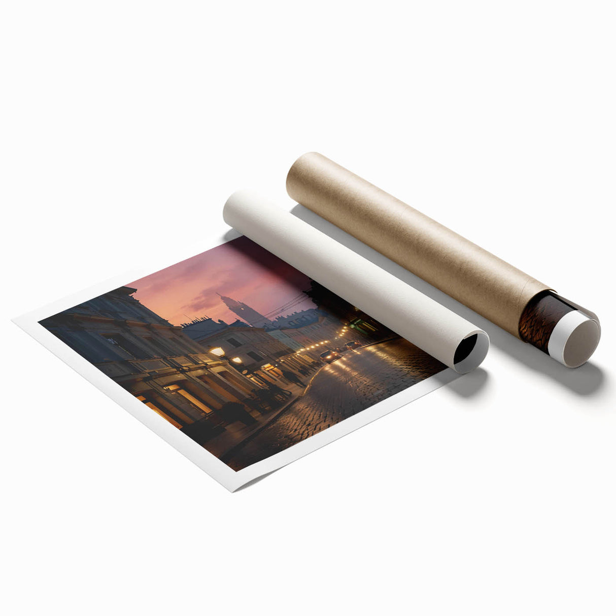 Elegant rolled wall art print depicting a vibrant cityscape with colorful buildings and intricate street designs, perfect for modern home decor.