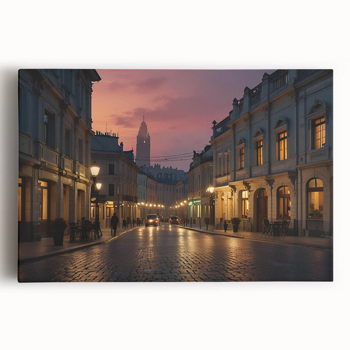Stretched canvas wall art showcasing a vibrant city street landscape with colorful buildings and lively atmosphere, perfect for modern home decor or office spaces.