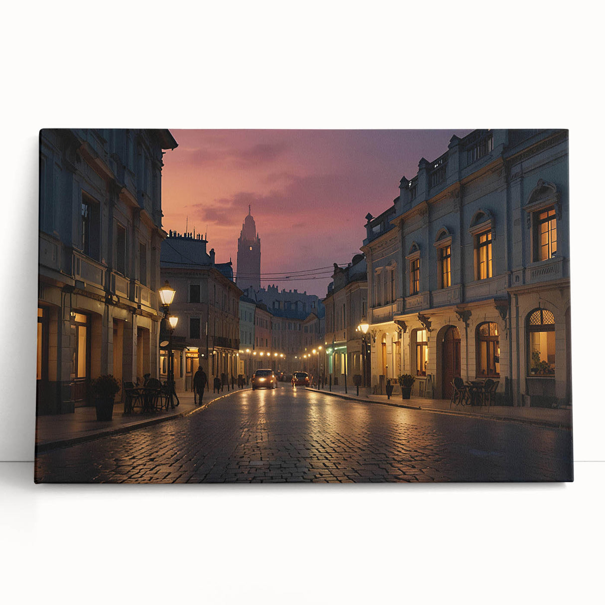 Stretched canvas wall art featuring a vibrant landscape design with colorful streets and abstract elements, leaning against a neutral wall, perfect for modern decor.