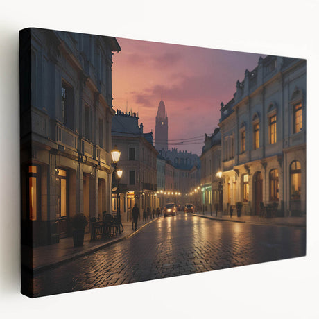 Stretched canvas wall art showcasing a vibrant street landscape design, featuring bold colors and intricate details, ideal for modern home decor.