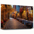 Acrylic glass wall art featuring a vibrant street landscape design, showcasing colorful buildings and trees, displayed in a modern setting with metal pins for mounting. Ideal for enhancing contemporary home decor.