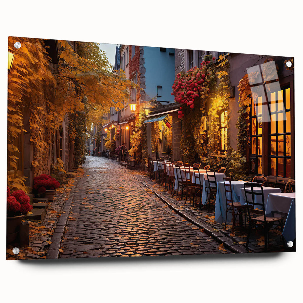 Acrylic glass wall art featuring a vibrant street landscape design, showcasing colorful buildings and trees, displayed in a modern setting with metal pins for mounting. Ideal for enhancing contemporary home decor.