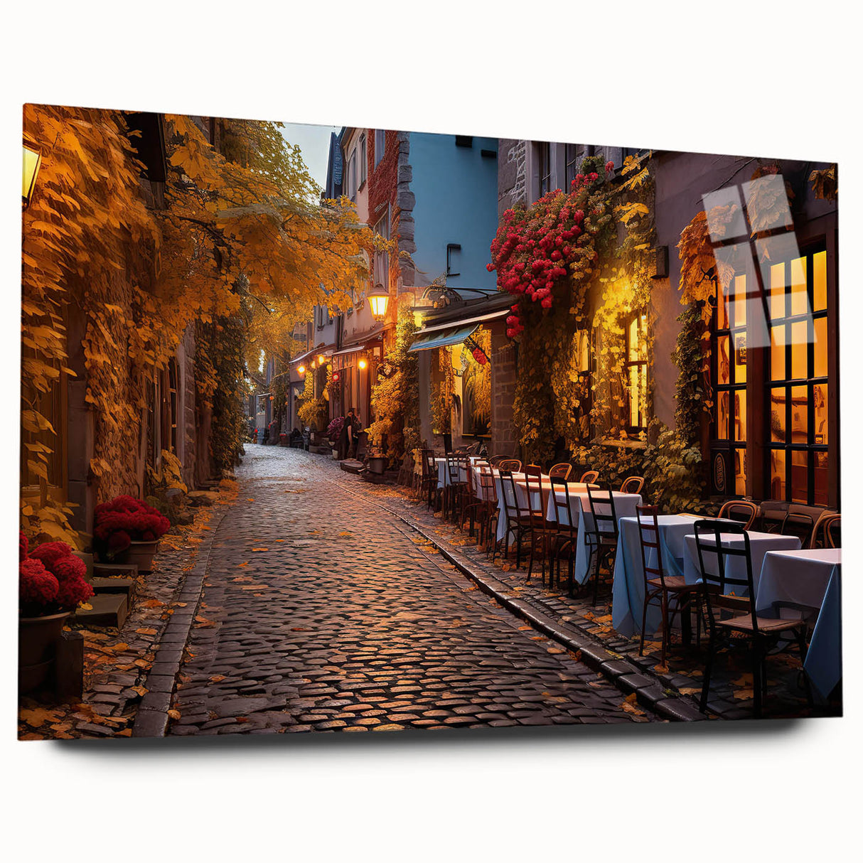 Side view of a modern acrylic glass wall art piece showcasing a vibrant landscape design, featuring bold colors and intricate details, ideal for home décor.