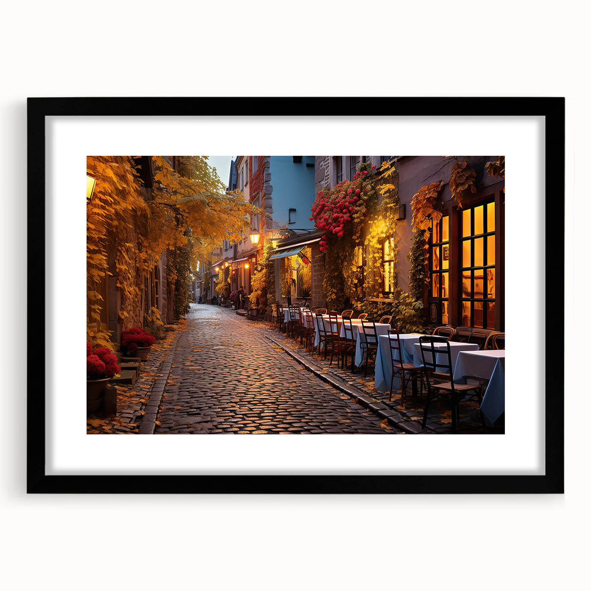 Framed wall art featuring a stunning landscape design with vibrant colors and intricate details, displayed in a sleek black frame with a mat. Perfect for modern home decor.