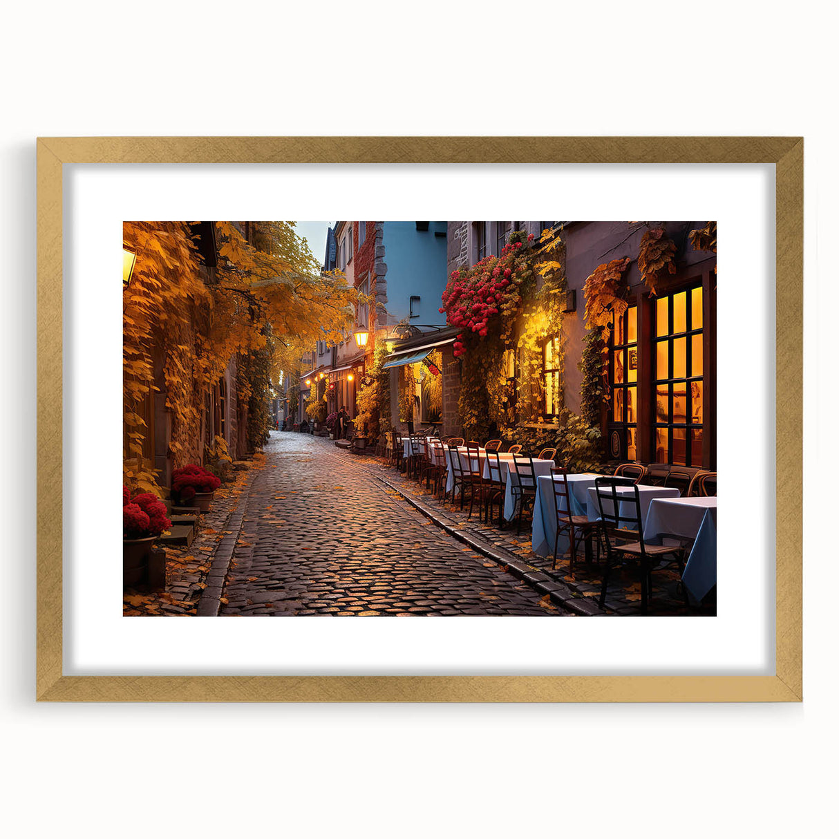 Elegant gold-framed wall art showcasing a vibrant landscape design, emphasizing intricate street scenes and vivid colors, perfect for modern home decor.
