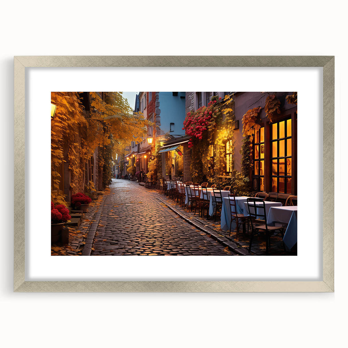Framed silver wall art featuring a colorful city landscape design, ideal for modern home decor. The piece is set within a stylish mat, enhancing its visual appeal.