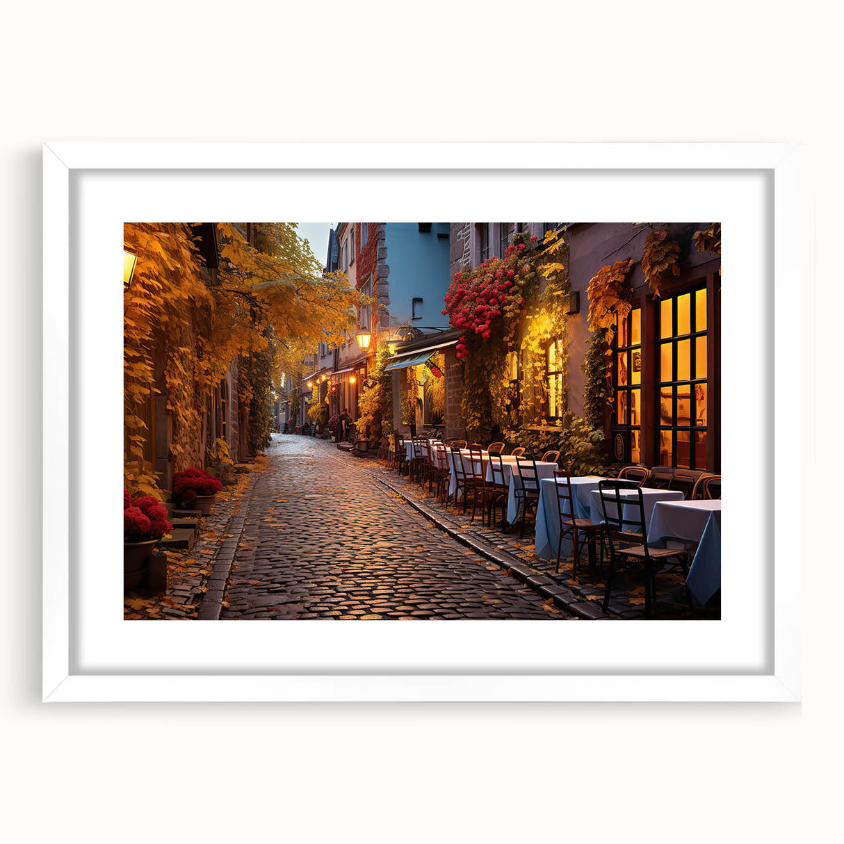 Framed wall art featuring a vibrant landscape street design, presented in a sleek white frame with a mat, ideal for modern home decor. Perfect for enhancing living spaces with artistic flair.