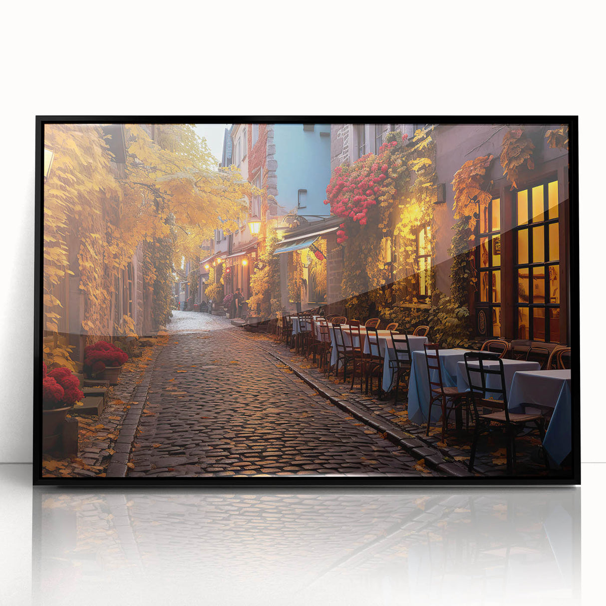 Framed acrylic wall art showcasing a vibrant city landscape with modern streets and buildings, featuring a sleek black frame that enhances its contemporary design.