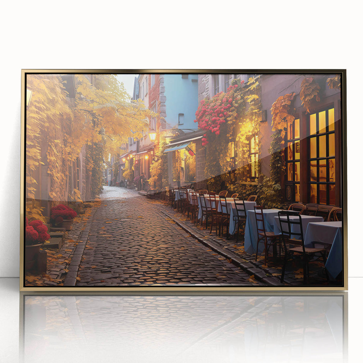Framed acrylic wall art featuring a contemporary landscape design with golden accents, showcasing an elegant front view. Ideal for modern home decor enthusiasts.