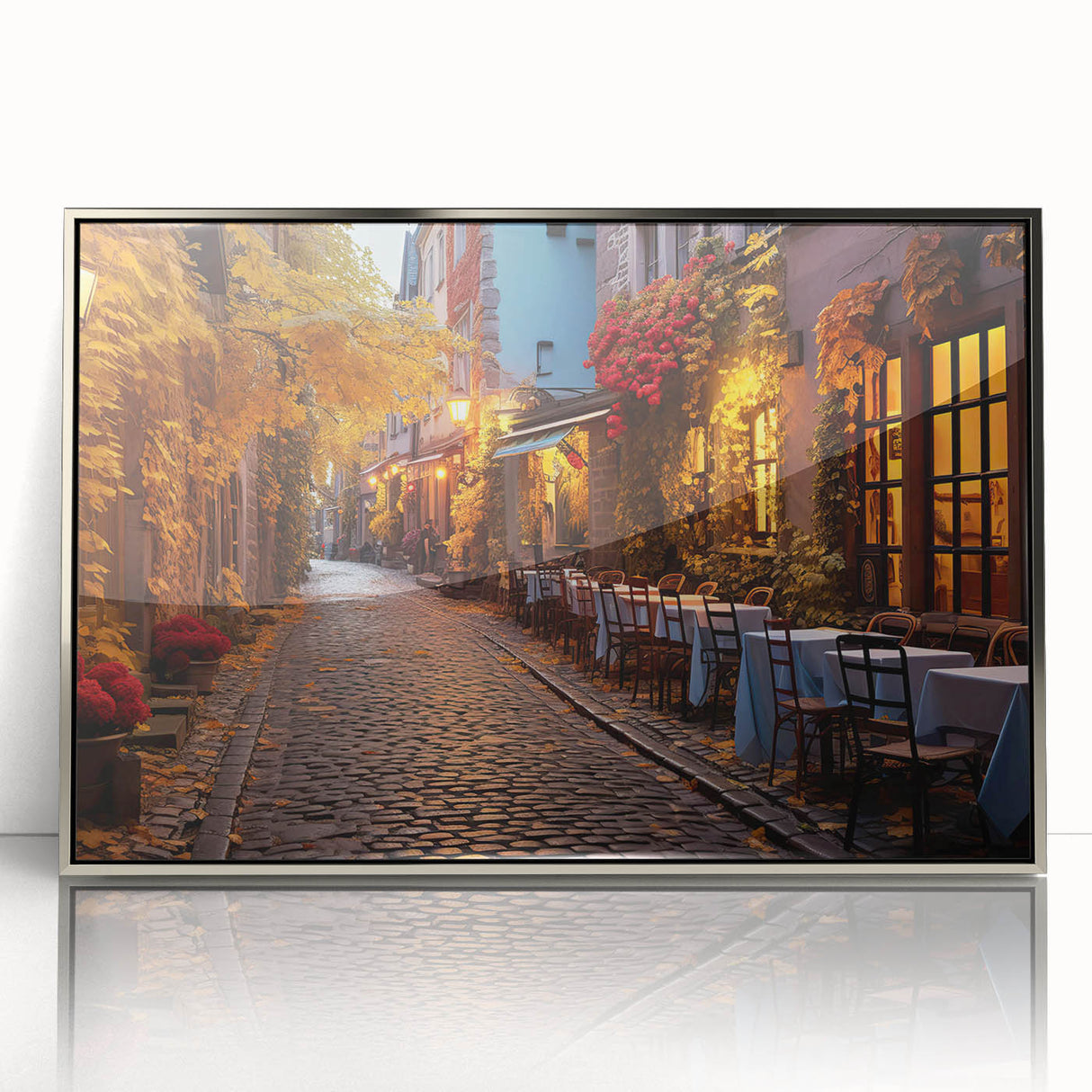 Framed wall art featuring a contemporary landscape design with vibrant colors, set in a sleek silver frame, perfect for modern home decor. Ideal for enhancing living spaces or office environments.