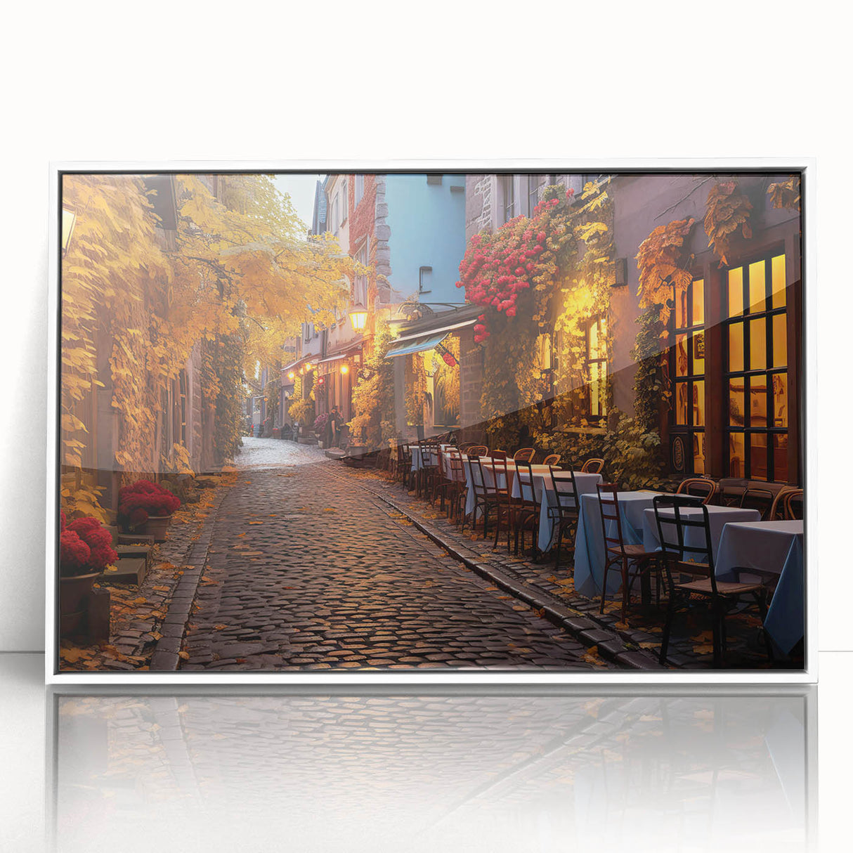 Framed acrylic wall art featuring a vibrant landscape design with a modern street scene, set against a sleek white background, perfect for contemporary home decor.