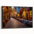 Framed canvas wall art showcasing a vibrant city landscape with colorful buildings, featuring a sleek black frame that enhances its modern design. Ideal for contemporary home decor.