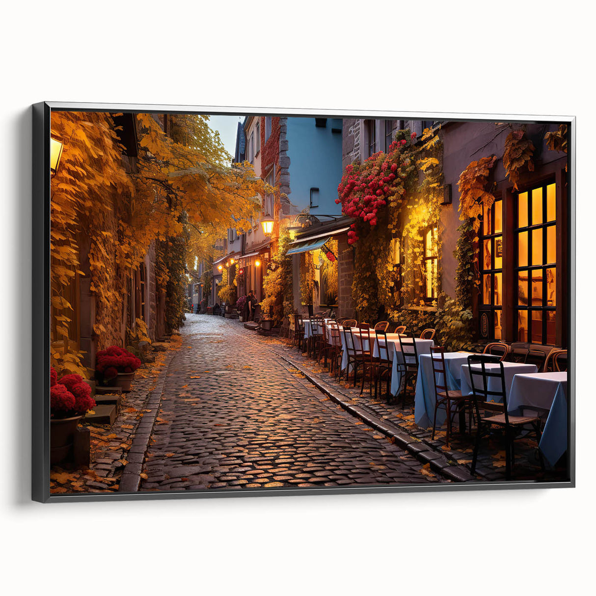 Framed canvas wall art showcasing a vibrant city landscape with colorful buildings, featuring a sleek black frame that enhances its modern design. Ideal for contemporary home decor.