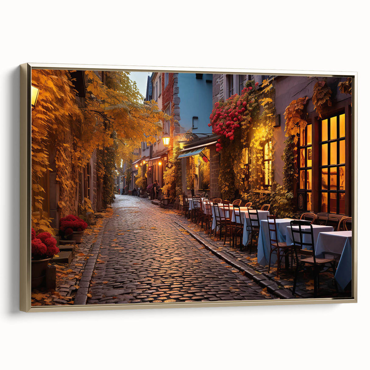 Framed canvas wall art showcasing a vibrant city landscape design with gold accents, perfect for modern home decor. Side view highlights the frame's elegant finish.
