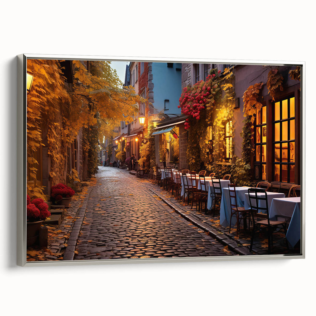 Framed canvas wall art showcasing a vibrant street landscape design with a silver frame, perfect for modern home decor, enhancing living spaces with urban charm.