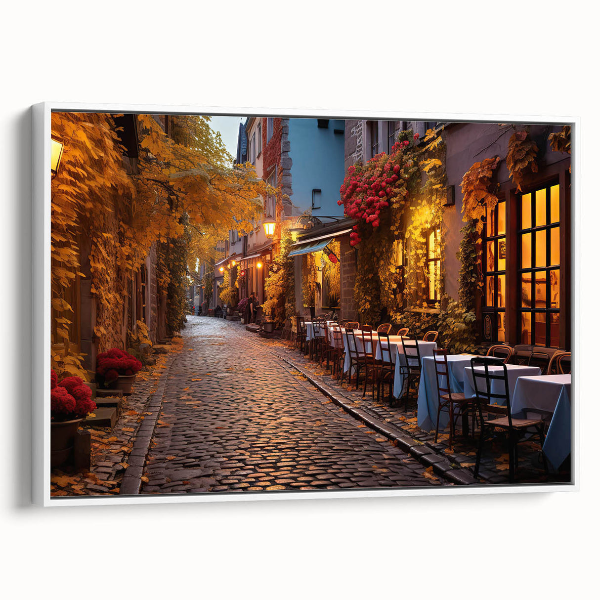 Framed canvas wall art showcasing a scenic landscape with vibrant colors and intricate details, ideal for modern home decor. The artwork is displayed in a sleek white frame, emphasizing its artistic design and adding elegance to any room setting.