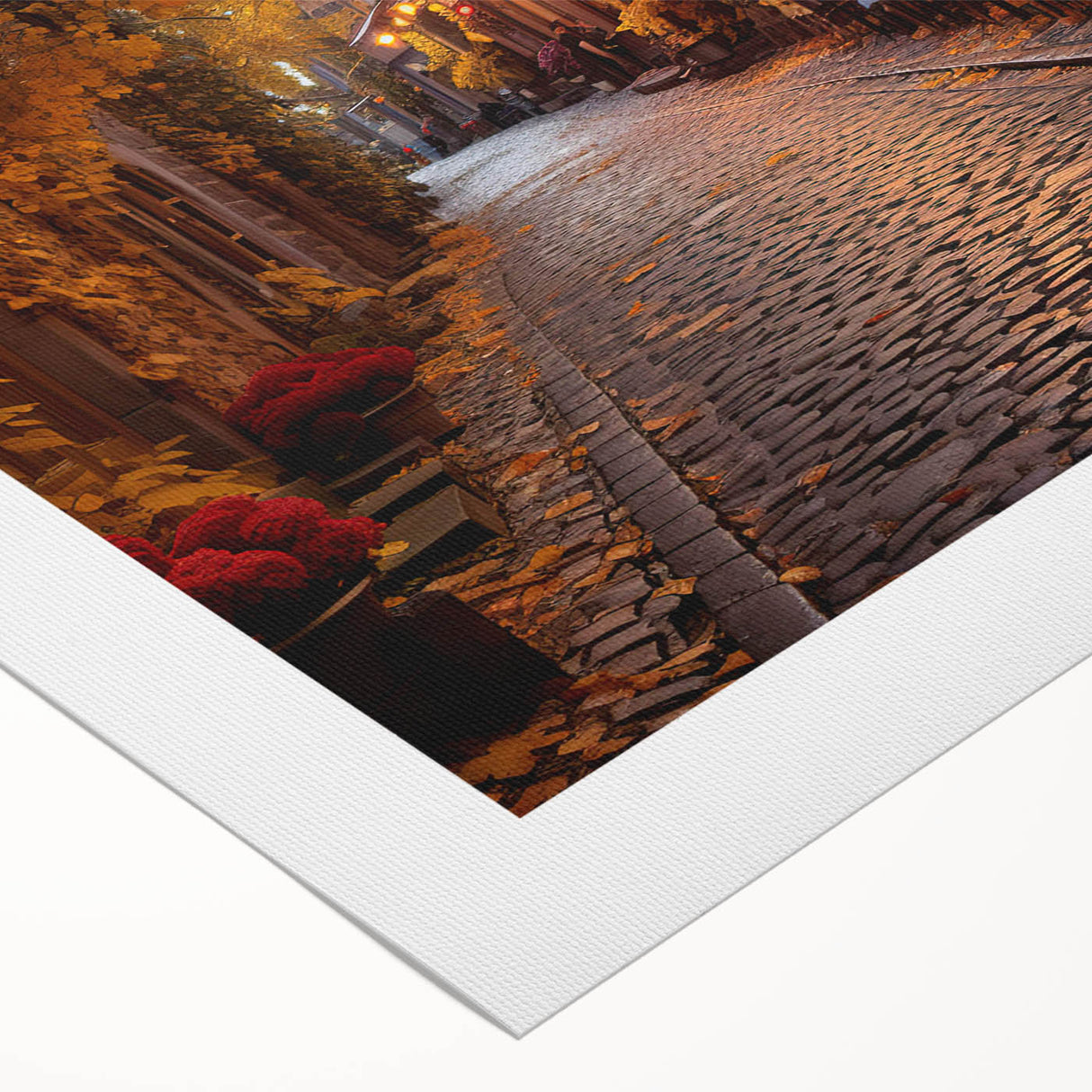 Rolled canvas artwork showcasing a vibrant street landscape design with bold colors and intricate details, perfect for enhancing modern home decor.